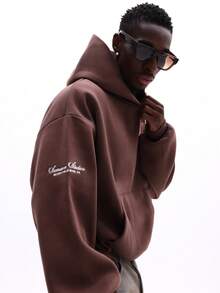 SUMWON Regular Oversized Hoodie With Centre Pocket And Drawstring Hood For Casual Streetwear Plain - Brown - View 4
