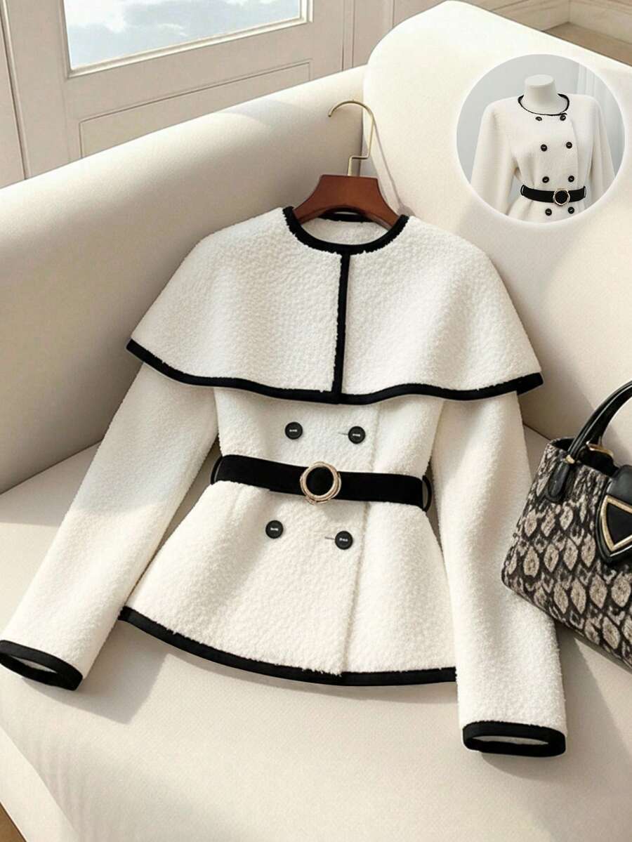 Selianne Women's Warm Fuzzy Contrast Trim Casual Homewear Double-Breasted Contrast Button Jacket, Autumn/Winter - Multicolor - View 1