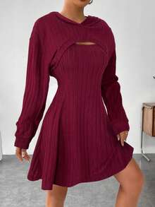 SHEIN EZwear 女士休闲纯色无袖连帽迷你连衣裙两件套，秋季 - 酒紅色 - 查看 5