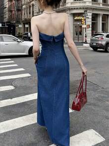 K-Vae 女士秋冬派对连衣裙牛仔抹胸连衣裙优雅收腰派对礼服新年装 - 中等水洗藍 - 查看 2