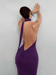 Aloruh Women's Solid Red Backless Halter Dress, Suitable For Date, Christmas Party, Evening Event - Purple - View 2