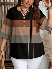 EMERY ROSE Casual Women's Plus Size Notched Neck Striped Blouse Half Sleeve Regular Fit Multicolor Woven Fabric Top,Spring/Summer/Vacation