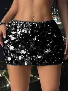 SHEIN PETITE Váy mini sequin lấp lánh bạc dành cho nữ, thích hợp cho tiệc tùng và tụ tập, phiên bản chất lượng cao dành cho người nhỏ nhắn - màu đen - Xem 9