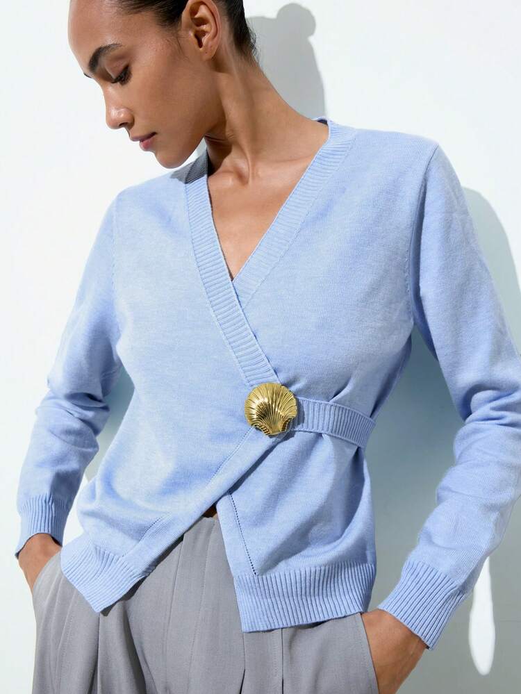 SHEIN Maija 2025 Women's Fashionable Wrap Cardigan For Commuting, Autumn/Winter For Women, Christmas Cardigan, Winter, New Year, Thanksgiving, Beach For Women, Elegant Sweater Blue Cardigan Blue Sweater Cardigan For Cardigans Light Blue