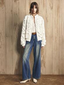 Arave Women's Hollow Floral Fabric Stand Collar Zipper Baseball Style Design Daily Casual Jacket Short Coat Fall Clothes For Women White  Women's Winter Jacket Zip-Up - Apricot - View 6