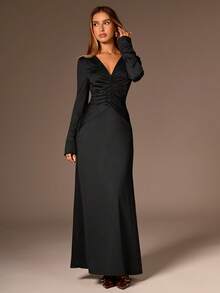 Avantive Vestido Elegante de Manga Longa com Decote em V e Pregas em Cor Sólida para Mulheres - Preto - Visão 1