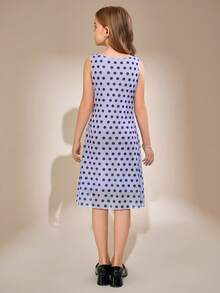 Conjunto de verano para niñas preadolescentes con falda de tela de malla de lunares de doble capa, estilo de princesa dulce, elegante y de moda, adecuado para compras diarias, viajes y vacaciones - Púrpura malva - Ver 2