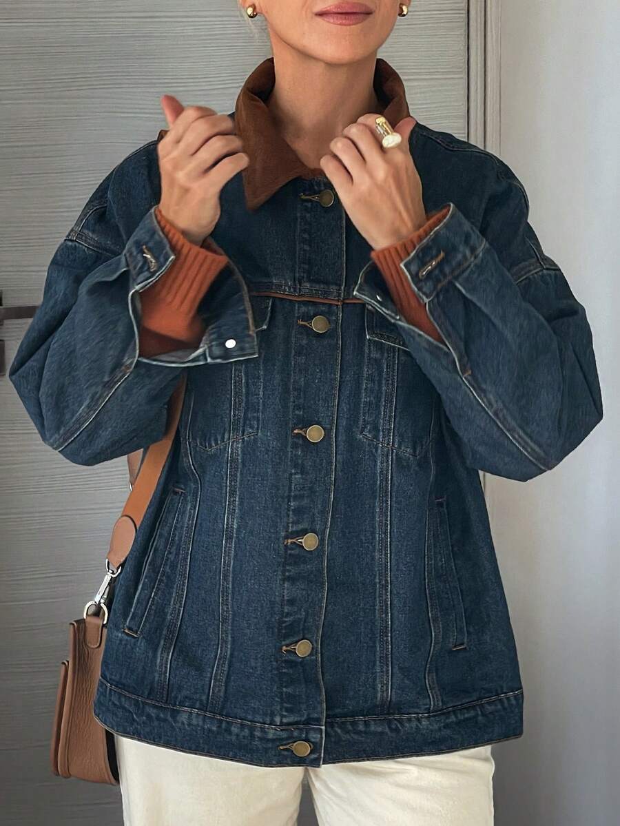 Vivie Lora Women's Denim Lapel Patchwork Loose Denim Jacket Long Sleeve Tops - Blue - View 1