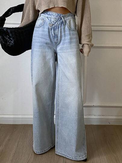 DAZY Jeans de pierna ancha con lavado casual y cintura asimétrica para uso diario de mujer