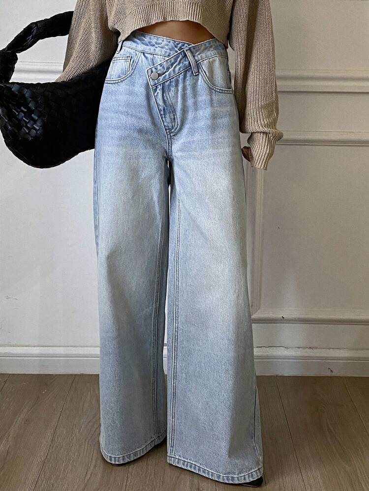 Women's Casual Everyday Washed Asymmetric Waist Wide Leg Jeans