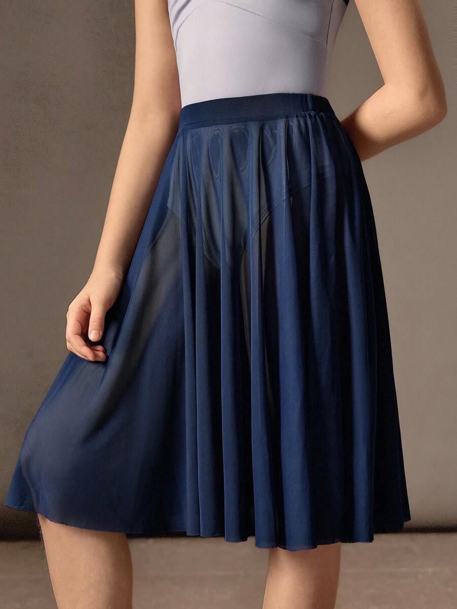 SHEIN Váy ba lê dài đến đầu gối cho bé gái tuổi teen, làm từ vải lưới nhẹ và mềm mại - Xanh đậm - Xem 1