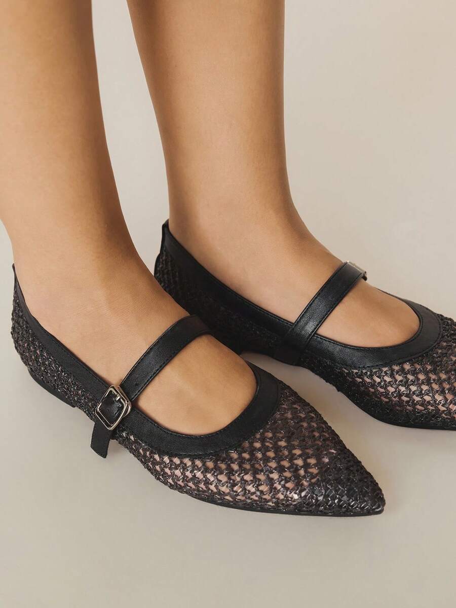 Styleloop Women's Pointed Toe Flat Woven Fabric Casual Shoes, Coffee Brown, Comfortable For Daily, Party, Beach, Lace-Up Design - Black - View 1