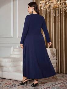 Modelyn Elegant Knit Patchwork Beaded Mesh V-Neck Long Sleeve A-Line Plus Size Dress, Suitable For Spring And Autumn - Navy Blue - View 2