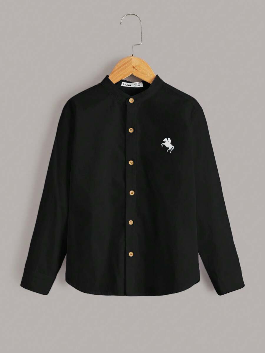 SHEIN 青少年男孩宽松休闲简约舒适马球领长袖衬衫,带马匹印花 - 黑色 - 查看 1