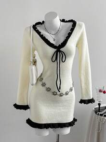 SHEIN Unity Women's Sexy Versatile V-Neck Contrast Color Front Tie Long Sleeve Knit Dress - White - View 3