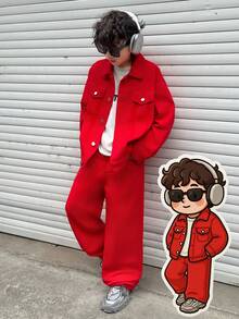 2 piezas Conjunto de moda casual de estilo vintage Y2K para niño preadolescente, un regalo decorativo navideño que incluye una chaqueta de mezclilla de cuello largo y mangas largas y unos pantalones vaqueros simples, cómodos y sueltos para ropa de diario y atuendos de otoño e invierno para niños, ropa de festival y ropa urbana