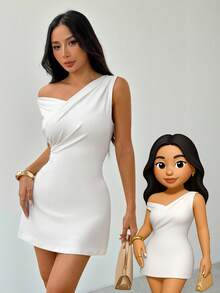 SHEIN PETITE Vestido mini asimétrico drapeado blanco de línea A, elegante, minimalista, de moda, sexy, para uso diario, festivales de música y vacaciones, talla pequeña