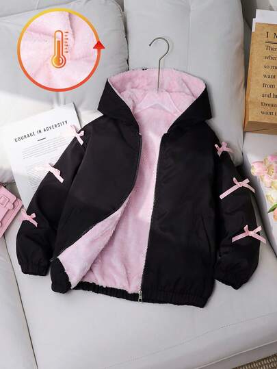 女童优雅休闲舒适黑色修身下摆蝴蝶结装饰活泼休闲加厚抓绒连帽拉链户外外套