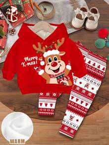 SHEIN Feliz Natal, Bebê Menina! Conjunto de moletom e calça com estampa natalina fofa e divertida de rena de desenho animado, vermelho, casual e folgado, com ombros caídos. Ideal para outono/inverno. - Multicolorido - Ver 3
