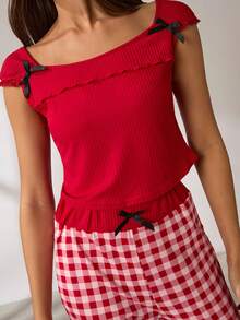 Ensemble de pyjama femme décontracté à carreaux colorblocks style INS