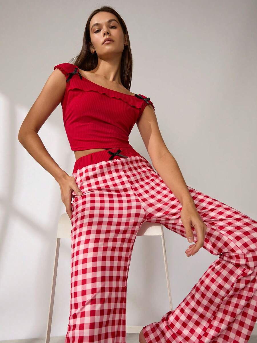 Ensemble de pyjama femme décontracté à carreaux colorblocks style INS