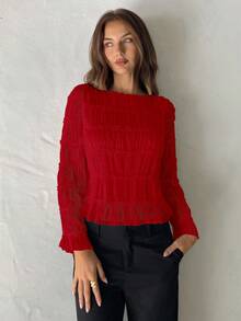 Aloruh Áo kiểu nữ thanh lịch bằng vải chiffon phối ren màu đỏ, thích hợp mặc mùa thu/đông, lễ tốt nghiệp, áo dành cho giáo viên, áo đi học. - Đỏ - Xem 5