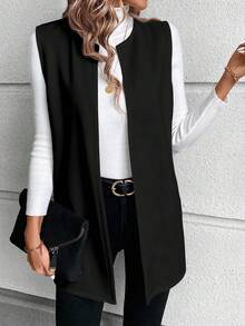 EMERY ROSE Große Größen schwarze unifarbene & bedruckte lässige minimalistische Jacke, Damen Große Größen Weste Jacke für Herbst/Winter