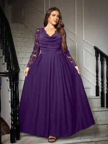 Ellevyn Vestido elegante de manga larga con cuello en V, encaje de contraste y pliegues para mujer de talla grande