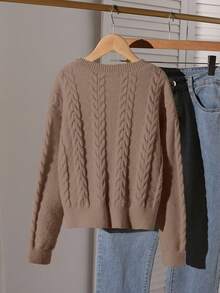 SHEIN 女童清新甜美3D立体花卉扭结针织圆领毛衣，适合居家、外出、派对、返校等场合 - 巧克力棕 - 查看 2