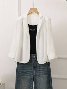 SHEIN Franclia Women's Minimalist White Thick Chiffon 3/4 Sleeve Blazer, Autumn