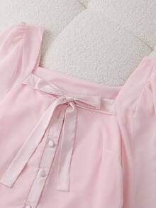 Franclia Áo kiểu tay dài màu hồng trơn bằng vải chiffon, thắt nơ, thích hợp cho kỳ nghỉ hè, những chuyến đi biển đầy nắng, phong cách thường ngày, mùa xuân, mùa thu, dành cho nữ sinh viên. - Hồng - Xem 3