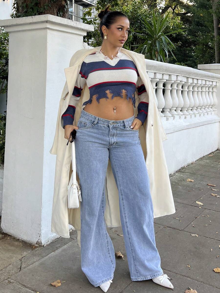 NegzBox 女式宽松口袋阔腿休闲牛仔裤 - 淺色水洗藍 - 查看 1