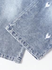 Young Girls Y2K Style New Fashion White Heart Embroidered Vintage Light Blue Loose Straight Leg Jeans, Soft & Comfortable Fabric, Casual Daily Versatile, Baby & Toddler Denim