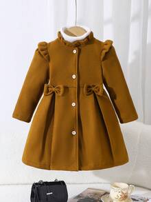 Elladie kids 女童秋冬甜美公主风浅蜜桃色荷叶边领蝴蝶结装饰中长款外套，韩版甜美风羊毛外套，适合日常上学、家庭休闲、节日聚会（如生日派对、新年拜访）等场合，实用又时尚。 - 咖啡棕 - 查看 3