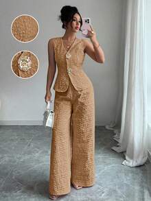 Selianne 女士优雅纹理两件套，粉色，夏季 - 橘色 - 查看 5