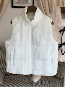 Comfortcana Chaqueta sin mangas con cuello alto y cremallera, de tela texturizada de unicolor, para uso casual y diario, para mujer, otoño/invierno, Navidad - Blanco - Ver 6