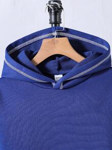 SHEIN Tween Boys' Contrast Stripe Kangaroo Pocket Casual Sweatshirt - Royal Blue - View 4