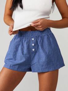 MISSGUIDED Ribbed Tank Top And Plaid Check Boxer Shorts Lounge Set For Women Sleepwear Pajama Set - Blue and White - View 4