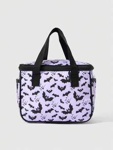 ROMWE Kawaii 1pc Purple Bat Print Gothic Style Insulated Lunch Bag, Large Capacity Thermal Cooler Bag
