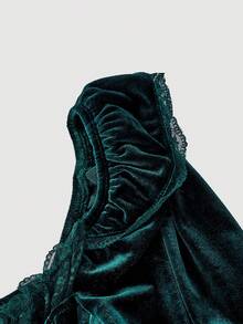 SHEIN MOD Gothic Palace Style Burgundy Bowknot Puff Sleeve Belted Midi Velvet Dress Dark Green Women Dress - Dark Green - View 4