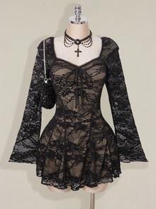 SHEIN ICON 大码女式黑色蕾丝迷你连衣裙 - 黑色 - 查看 5