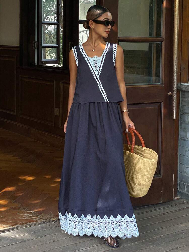 Women's Summer Contrast Color Lace Patchwork V-Neck Sleeveless Vest And Long Skirt 2 Piece Set, Casual