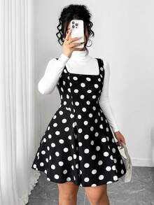 Elenzga 大码女式优雅方领黑白波尔卡圆点无袖喇叭迷你连衣裙，适合返校、毕业、节日、情人节、圣诞节、音乐节、母亲节、万圣节、感恩节、复活节、国庆节、舞会、约会、派对、婚礼、户外活动 - 黑與白 - 查看 7