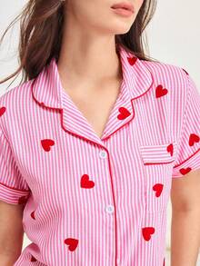 Bonmuse 条纹爱心图案短袖短裤女士睡衣套装 - 紅色 - 查看 5