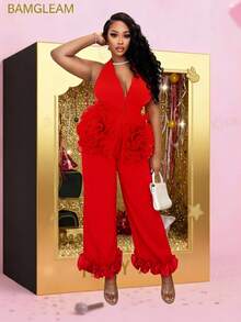 BamGleam Women 3D Floral Halter Sleeveless Top And Long Pants Suit, 2 Pieces Set