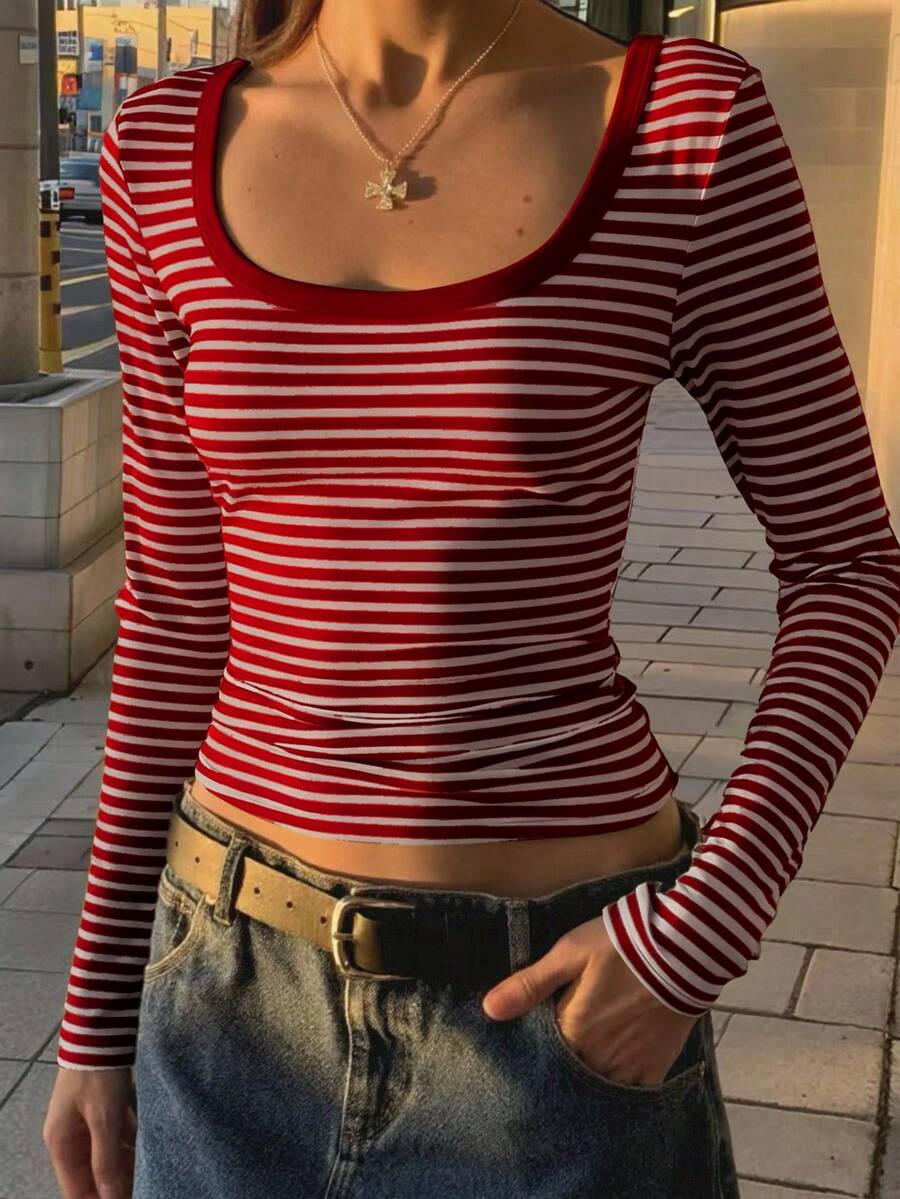 INAWLY 女士条纹休闲修身方领长袖T恤 - 酒紅色 - 查看 1