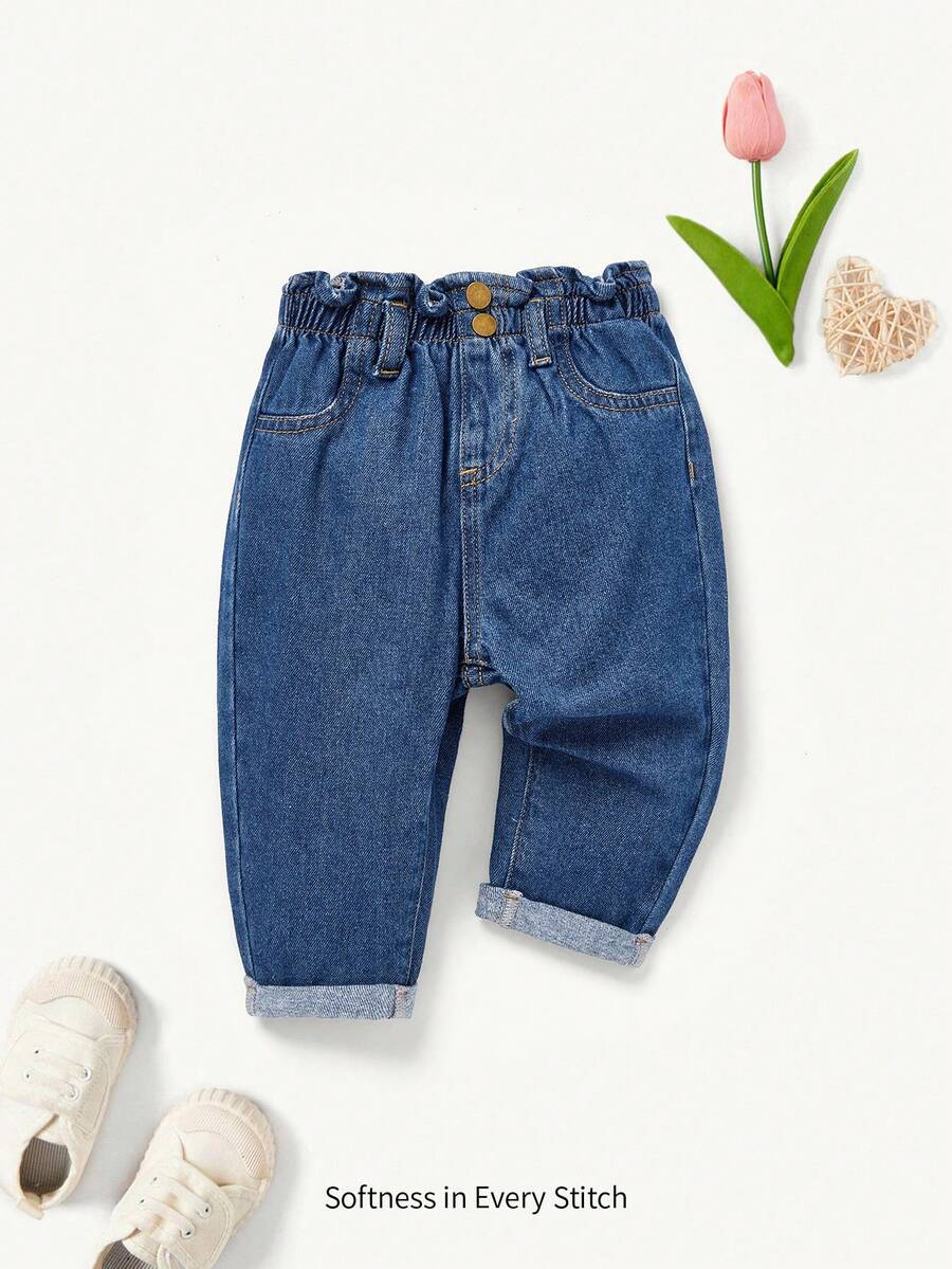 Cozy Pixies Baby Girls Summer Boho Cute Ruffle Waist Baggy Soft Denim Jeans Pants With Rolled Up Hem - Medium Wash - View 1
