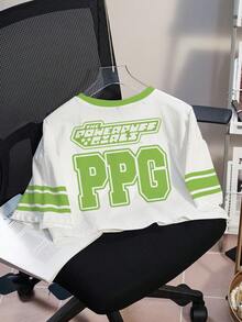 THE POWERPUFF GIRLS X SHEIN Women's Buttercup Pattern Cropped Round Neck Short Sleeve T-Shirt White And Green Shirt Cartoon Shirt Graphic Tee - White - View 2