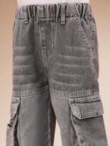 SUMWON Boys Cargo Utility Jeans With Multiple Pockets And Washed Denim Finish - Grey - View 4
