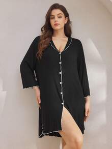 Ocili Plus Size Ribbed Comfortable Ruffle Collar Shell Button Nightgown, Cozy Outfit, Fall & Winter - Black - View 8